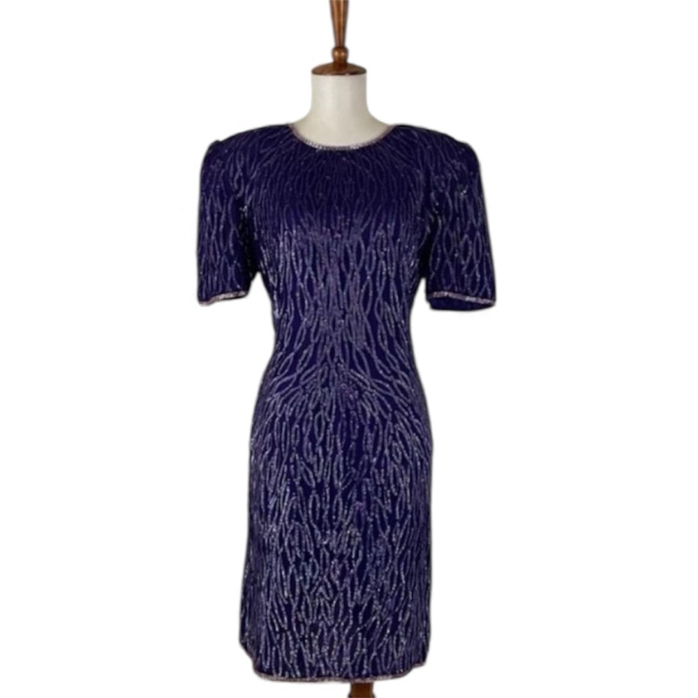 Vintage Beaded Sequin Silk Dress Women’s 4 Short Sleeve Crew Neck Sheath‎
